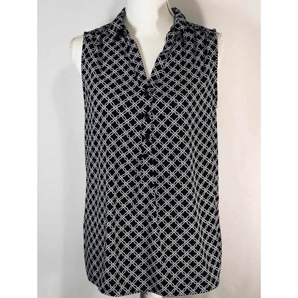 Dana Buchman Womens Medium Black White Geometric Sleeveless Button Front Blouse